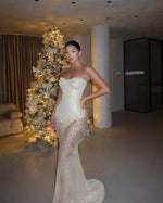 Hidais Red Tulle Strapless Sleeveless Long Mermaid Prom Dress With Sequins And Corset