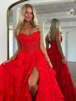 Women's A Line Chiffon Ruffled Long Prom Dresses Sweetheart Corset Party Gowns with Slit