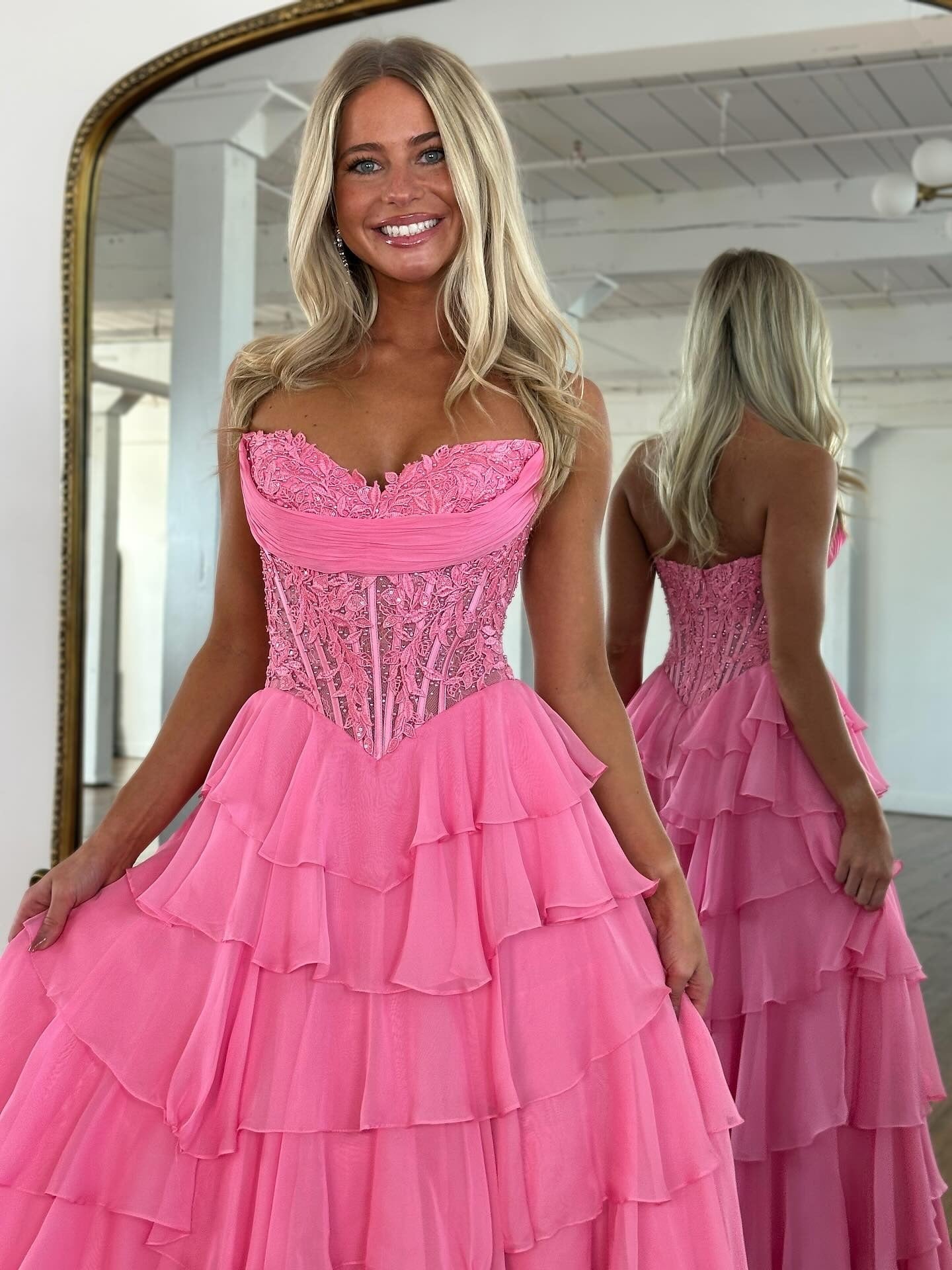 Women's A Line Chiffon Ruffled Long Prom Dresses Sweetheart Corset Party Gowns with Slit