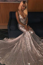 Deep V Neck Sleeveless Mermaid Long Prom Dress Spaghetti Strap With Sequins