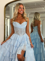 Women's A Line Chiffon Ruffled Long Prom Dresses Sweetheart Corset Party Gowns with Slit