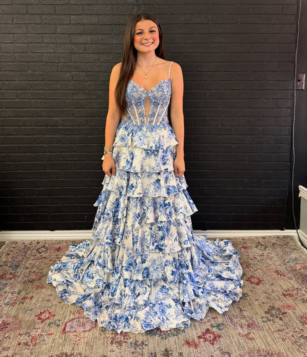 A Line Sweetheart Corset Prom Dresses Long Chiffon Ruffle Beaded Party Dress with Slit