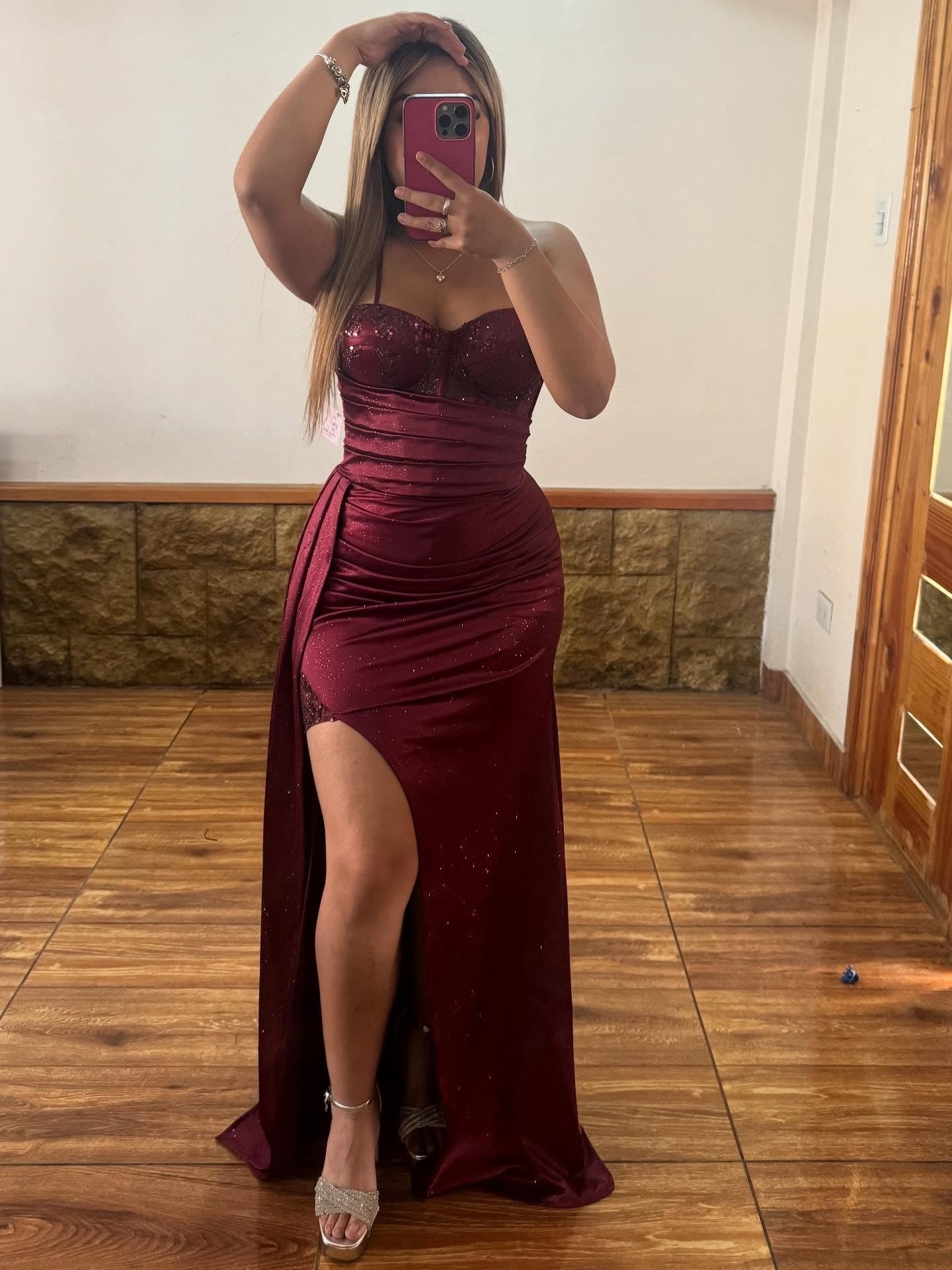 Sweetheart Corset Satin Beaded Prom Dresses Long Strapless Evening Gowns with Split