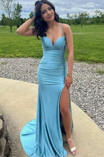 Charming Mermaid Sweetheart Aqua Satin Long Prom Dress with Slit