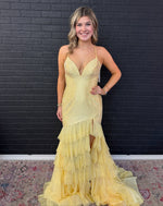 Women's Glittery Sequin Beaded Mermaid Prom Dresses Long V Neck Party Gowns with Ruffles