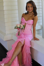 Strapless Pink Ruched Mermaid Long Formal Dress