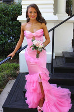 Strapless Pink Ruched Mermaid Long Formal Dress