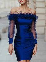Off-Shoulder Satin Ruffle Evening Dress With Sheer Sleeves