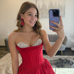 Sweetheart Corset Satin Beaded Prom Dresses Long A Line Strapless Party Gowns for Women