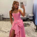 Women's Satin Corset Beaded Prom Dresses Long A Line Formal Party Gowns with Bowknot