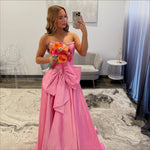 Women's Satin Corset Beaded Prom Dresses Long A Line Formal Party Gowns with Bowknot