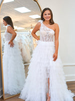 Women's One Shoulder Tulle Ruffled Prom Dresses Corset Lace Prom Dress