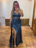 Mermaid Satin V Neck Prom Dresses Long Corset Lace Evening Party Gowns with Split
