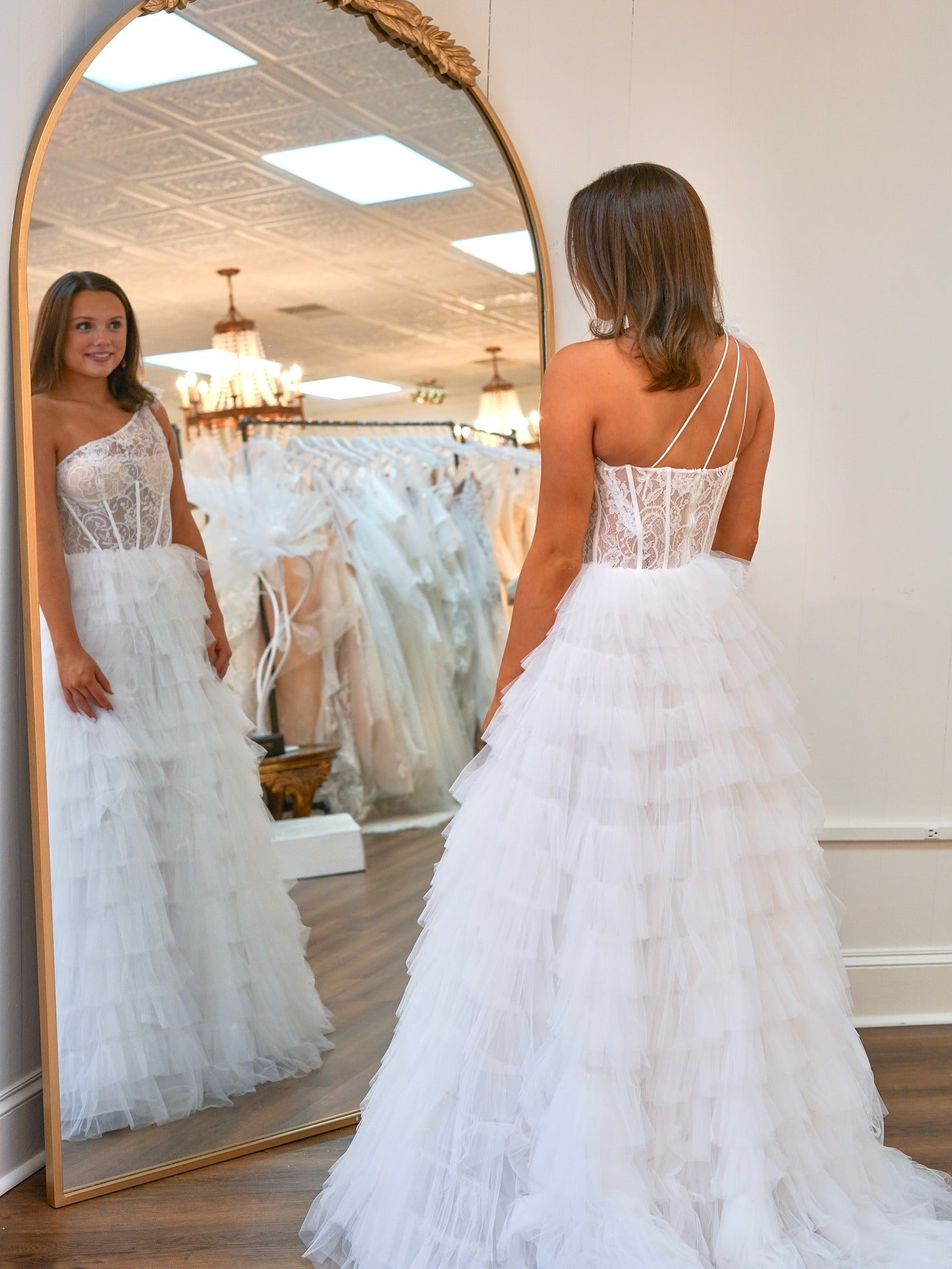 Women's One Shoulder Tulle Ruffled Prom Dresses Corset Lace Prom Dress