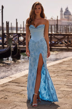 Sweetheart Blue Sleeveless Mermaid Applique Side Slit Prom Dress Floor-Length