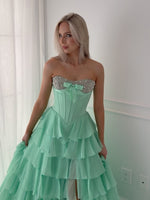 Sweetheart Corset Crystal Beaded Prom Dresses A Line Chiffon Ruffled Evening Gowns