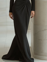 Black Asymmetric Draped Long-Sleeve Column Maxi Dress