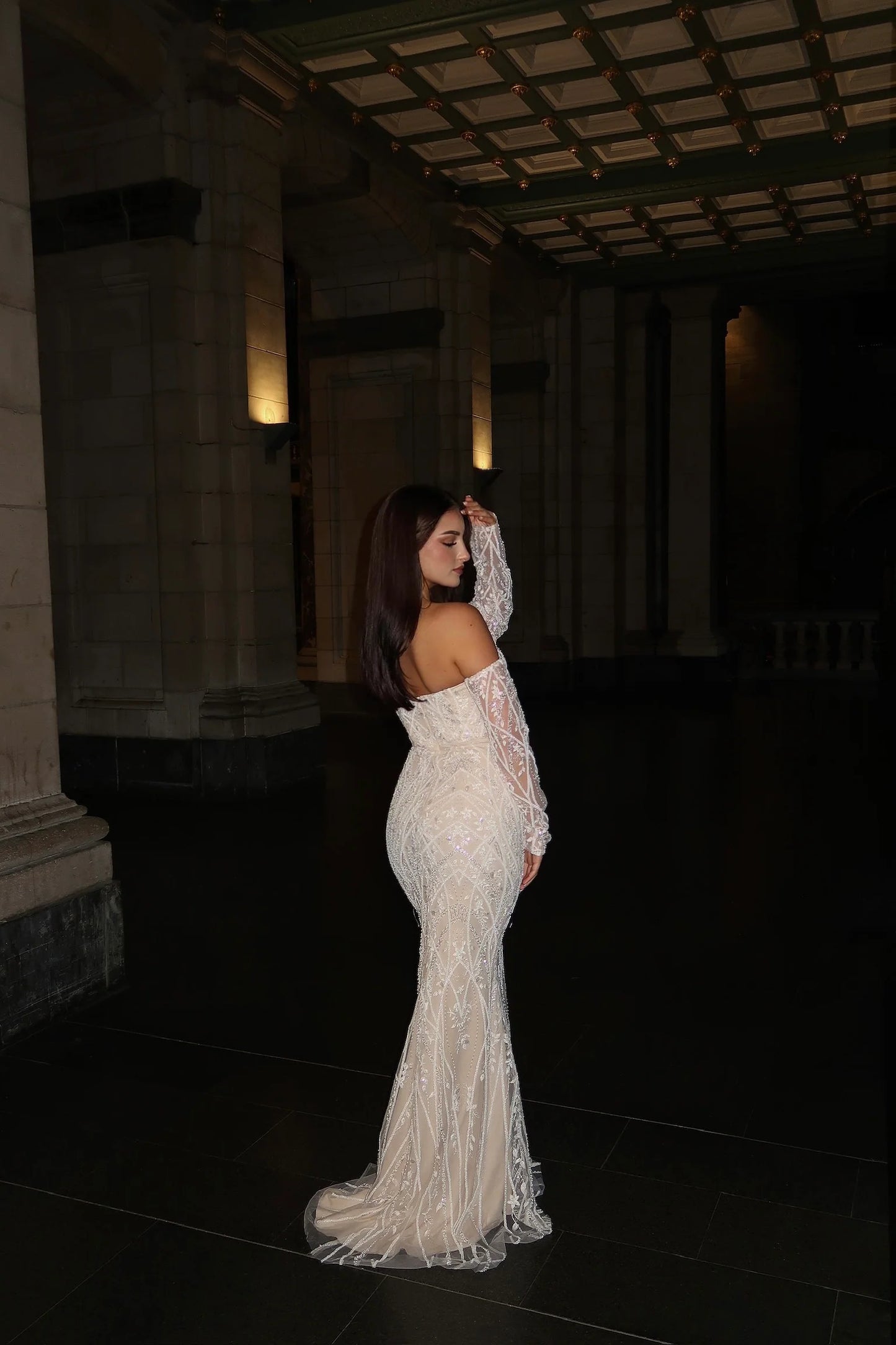 Detachable Lace Long Sleeve Mermaid Sequins Sparkle Evening Dress