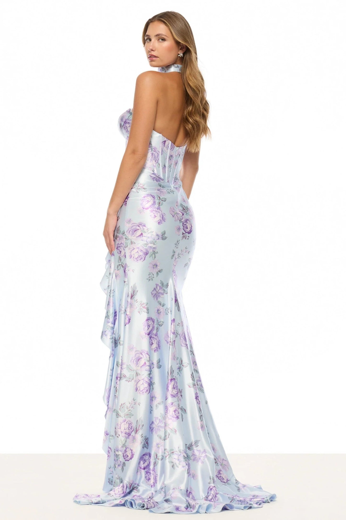 Strapless Sleeveless Floral Print Mermaid Side Slit Prom Dress Floor-Length