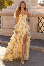 Sweetheart Yellow Flowers Floral Print A-Line Tassel Side Slit Floor-Length Prom Dress