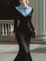 Contrast Collar Long Sleeve Mermaid Evening Gowns