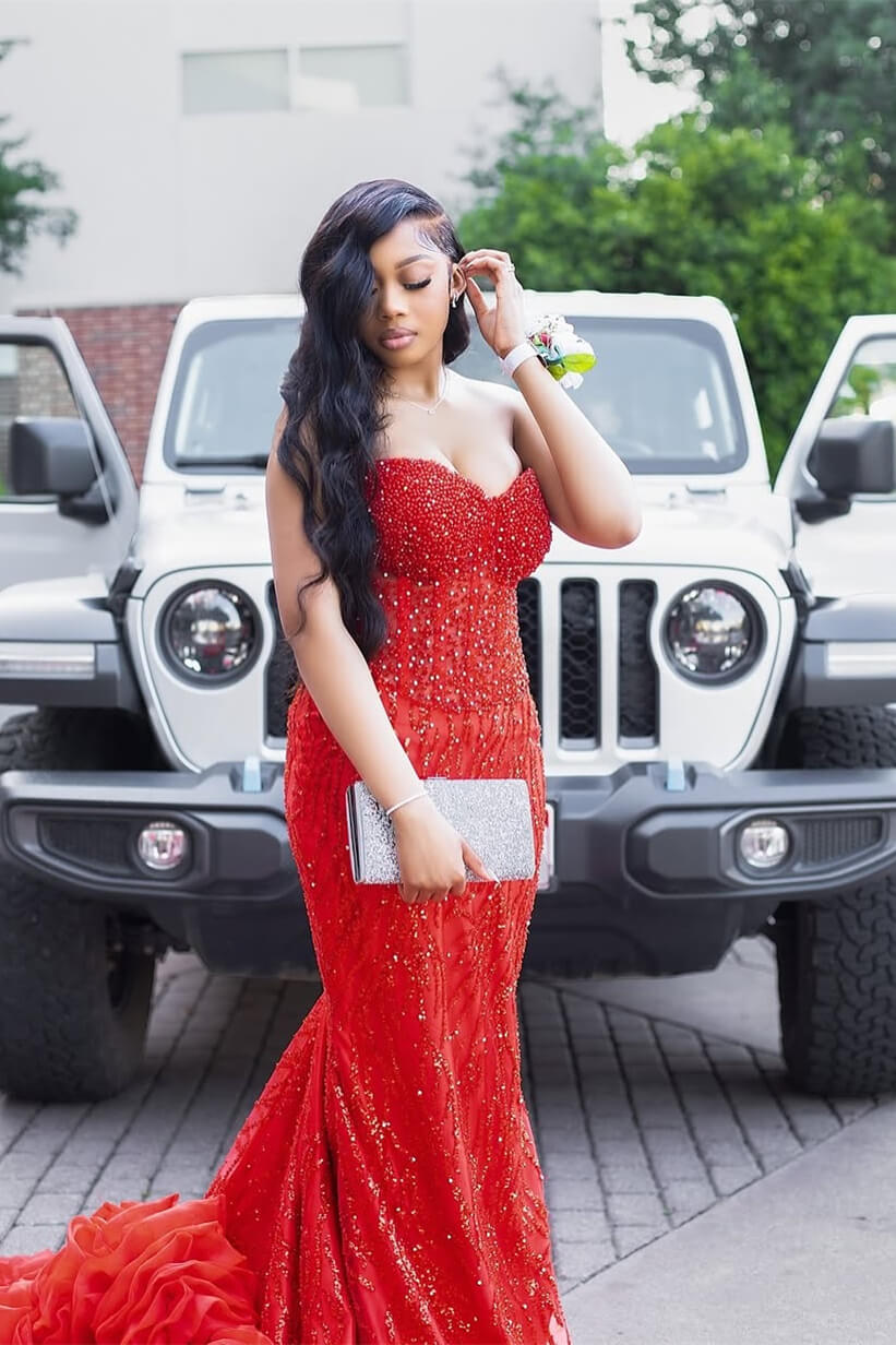 Red Sweetheart Sleeveless Mermaid Prom Dress With Sequins Beadings Ruffles