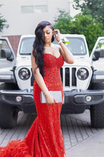 Red Sweetheart Sleeveless Mermaid Prom Dress With Sequins Beadings Ruffles