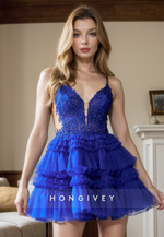 V-Neck Spaghetti Straps Square A-Line Lace-Up Homecoming Dress