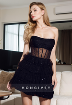 Black A-Line Strapless Sheer Empire Glitter Homecoming Dress