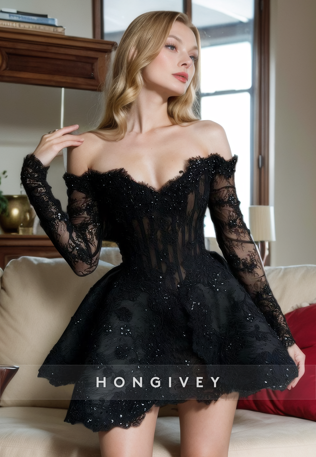 Chic A-Line Off-Shoulder Long Sleeve Lace Applique Short Homecoming Dress