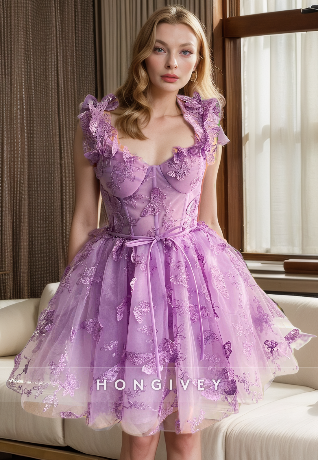 Tulle A-Line V-Neck Empire Floral Appliqued Short Homecoming Dress