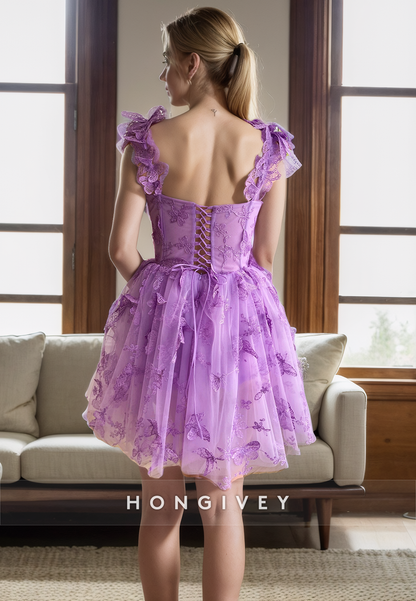 Tulle A-Line V-Neck Empire Floral Appliqued Short Homecoming Dress