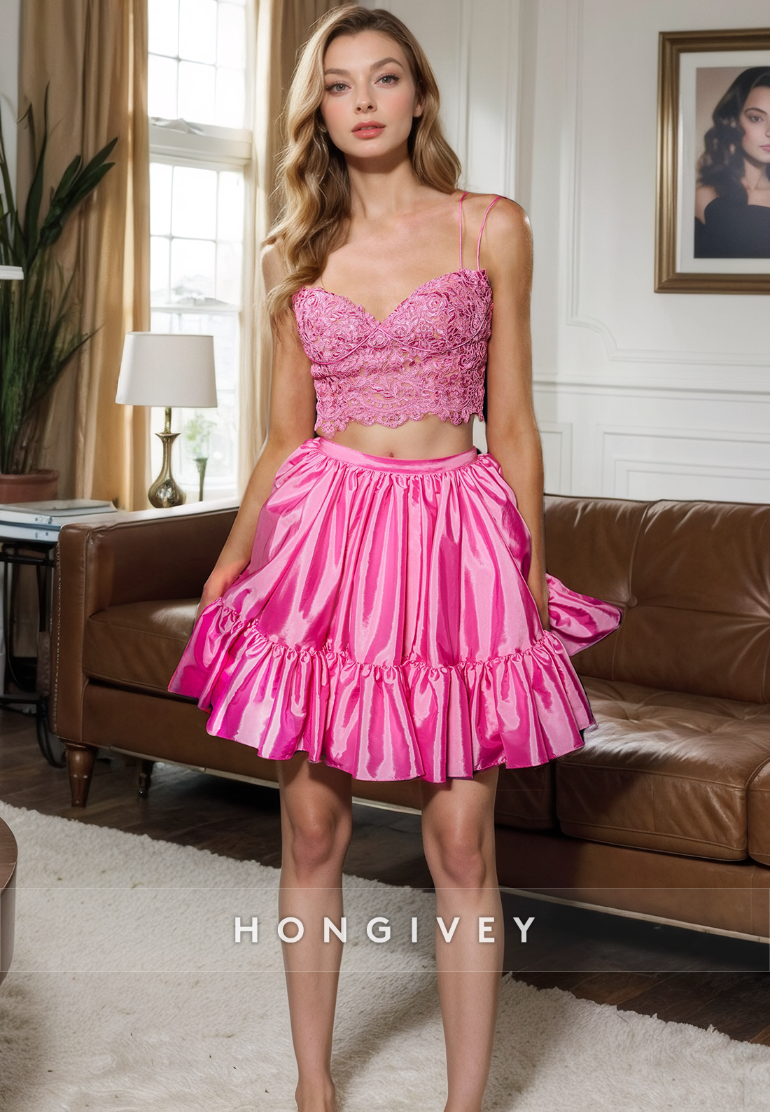 Pink Satin A-Line Spaghetti Straps Two-Piece Party Evening Homecoming Dress