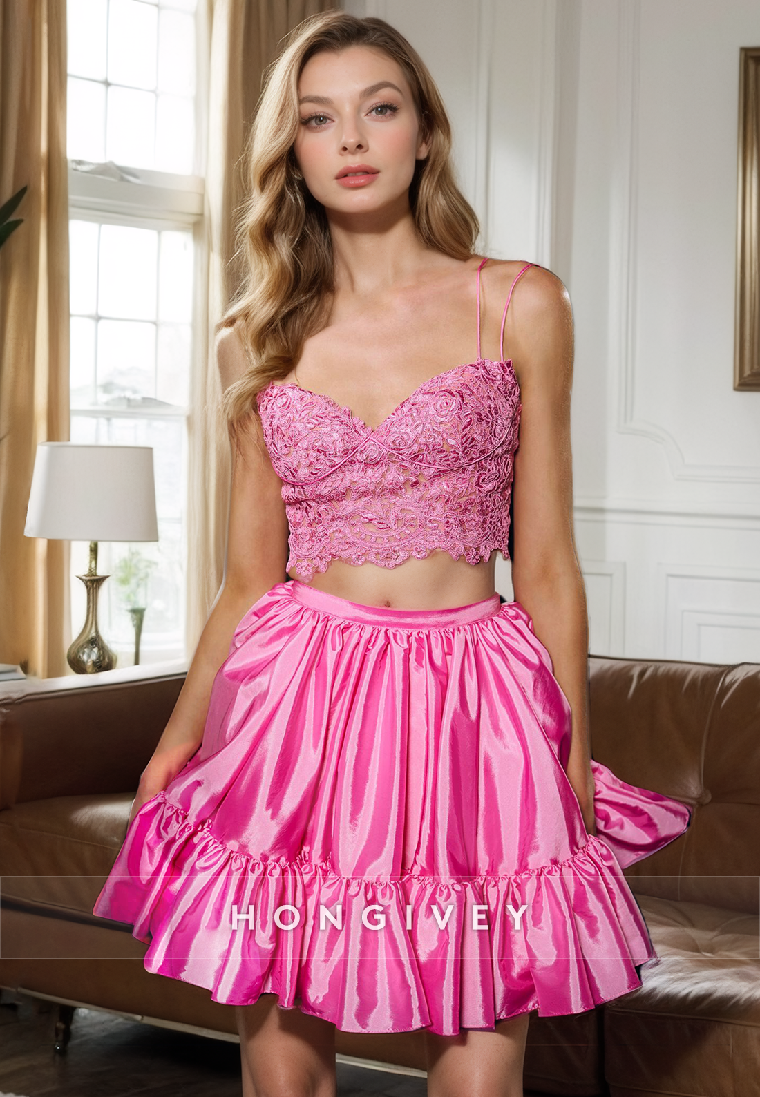 Pink Satin A-Line Spaghetti Straps Two-Piece Party Evening Homecoming Dress