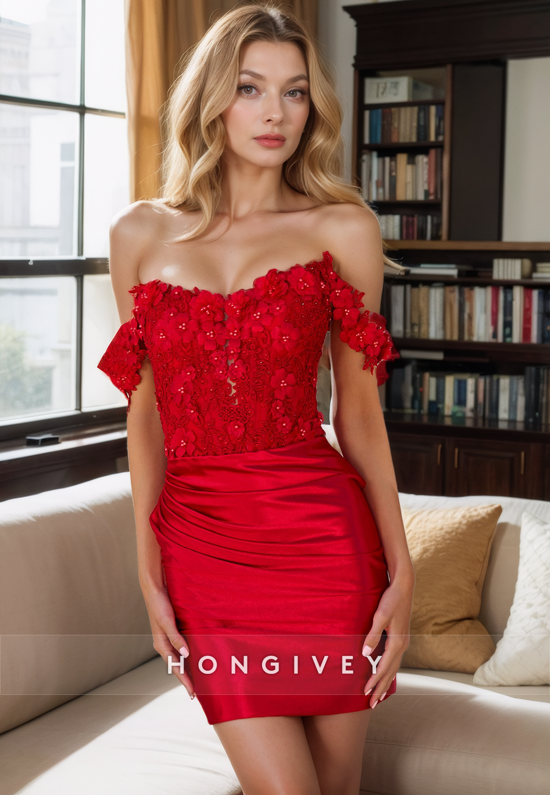 Fitted Off-Shoulder Empire Lace Applique Party Evening Homecoming Dress