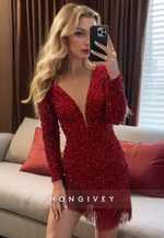 Sexy Glitter V-Neck Long Sleeve Sequined Bead-Fringed Party Evening Homecoming Dress