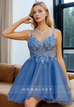 Tulle A-Line V-Neck Spaghetti Straps Appliques Evening Homecoming Dress