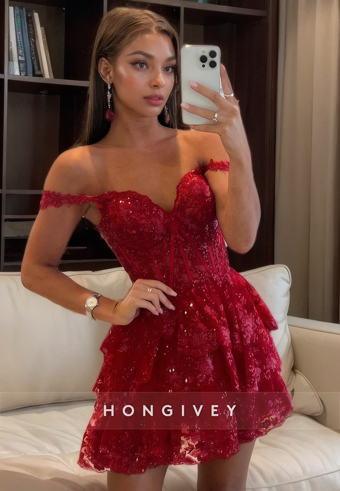 Sexy Lace A-Line Off-Shoulder Empire Appliques Party Evening Homecoming Dress