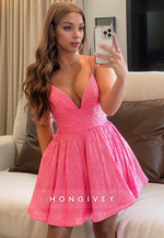 Sweet Satin A-Line V-Neck Spaghetti Straps Short Party Homecoming Dress