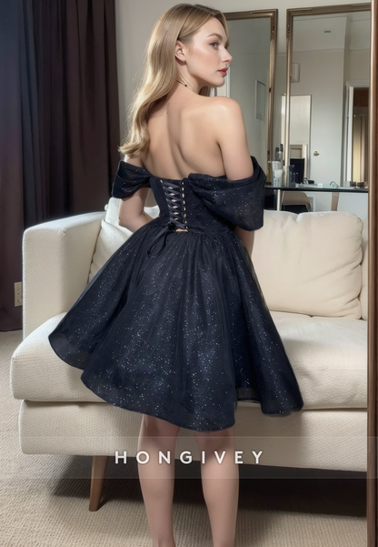 Satin A-Line Off-Shoulder Lace-Up Short Party Homecoming Dress