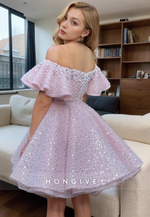 Glitter Tulle A-Line Off-Shoulder Beaded Sequined Short Homecoming Dress