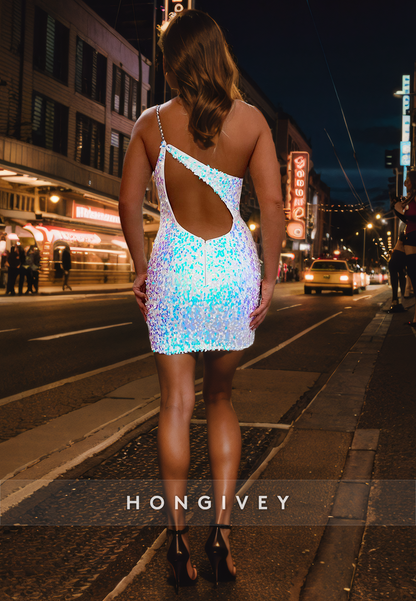 Sexy Fitted One Shoulder Fully Sequined Short Homecoming Dress