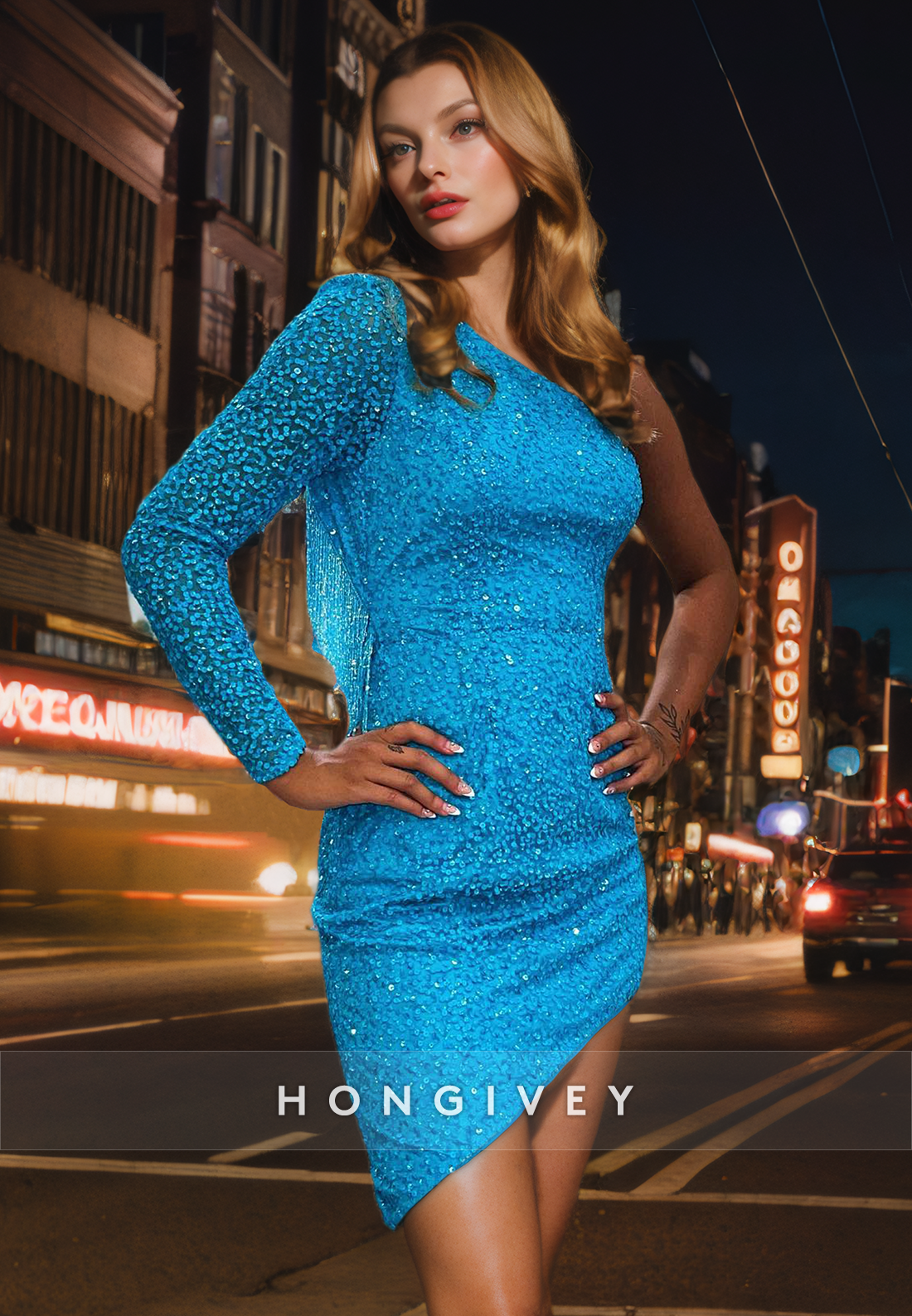 knee length dresses for ladies Chic Sparkly Fitted One Shoulder Long Sleeve Bead-Fringed Short Homeco