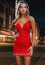 Sexy Fitted V-Neck Spaghetti Straps Appliques Short Homecoming Dress