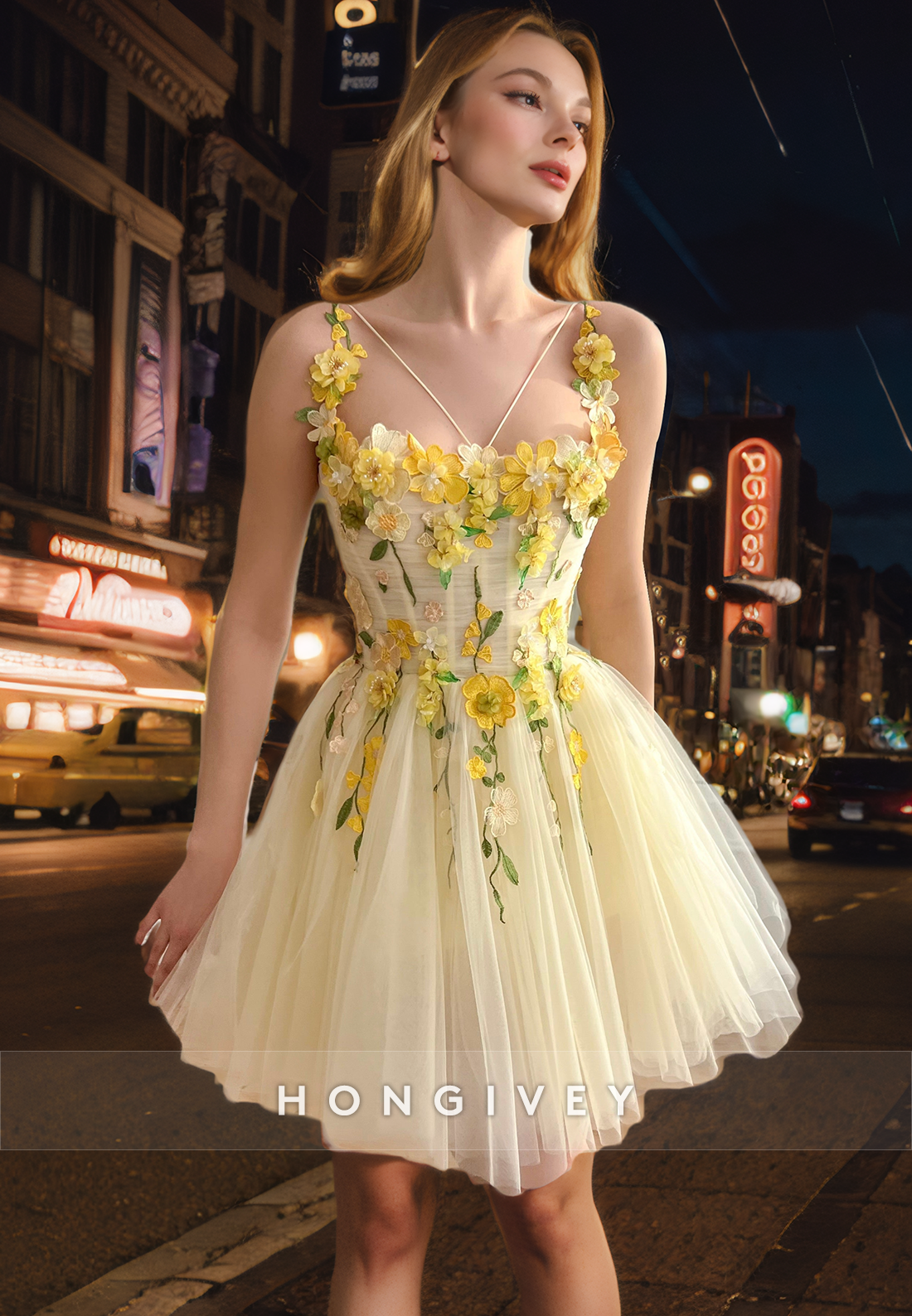 Sweet Tulle A-Line Square Spaghetti Straps Floral Appliqued Short Homecoming Dress