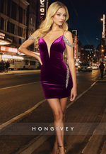 Satin Sheath Low V-Neck Beaded Short Homecoming Dress