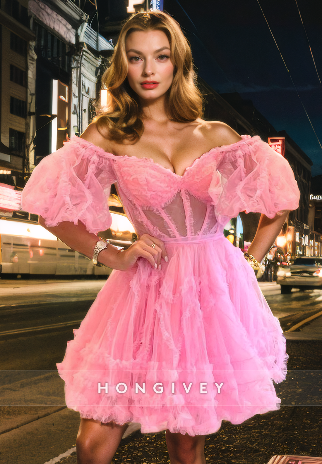 Tulle A-Line Off-Shoulder Sheer Empire Short Homecoming Dress