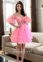 Tulle A-Line Off-Shoulder Sheer Empire Short Homecoming Dress