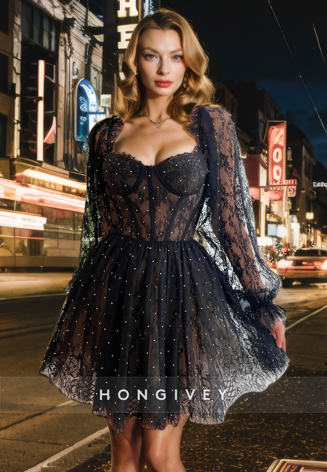 A-Line Long Sleeve Sheer Empire Appliques Short Homecoming Dress