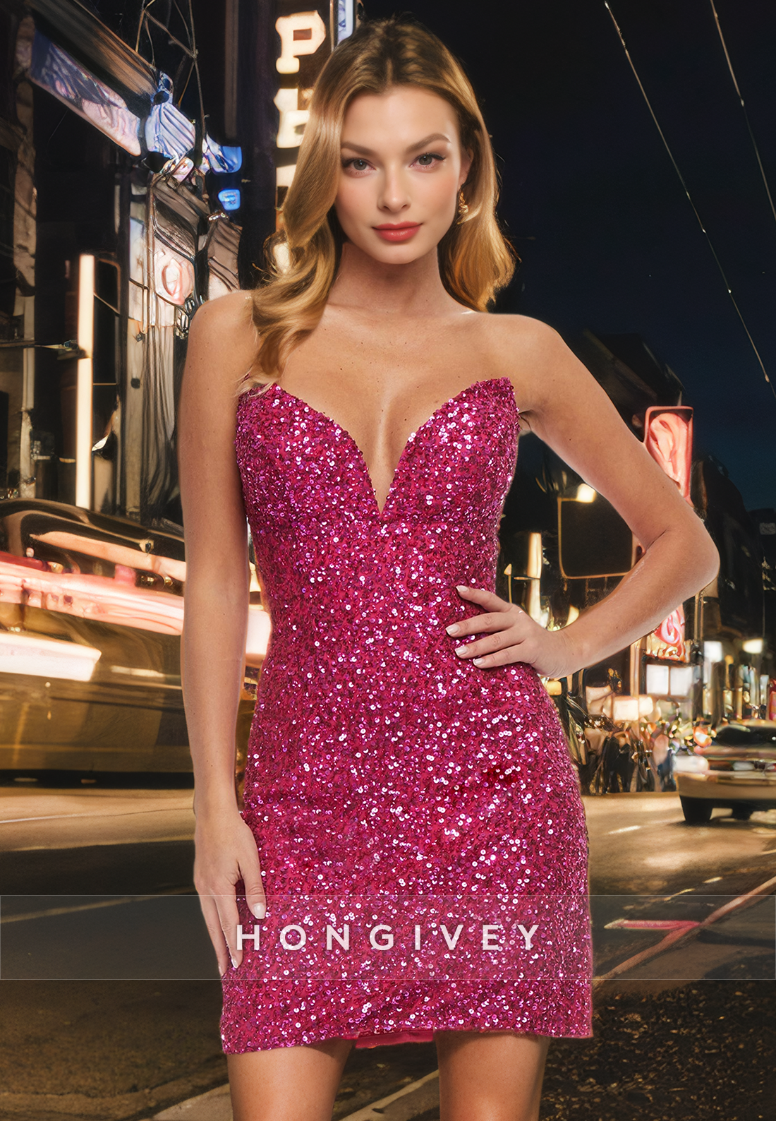 Glitter Fitted V-Neck Sleeveless Fully Sequined Party/Homecoming Dress